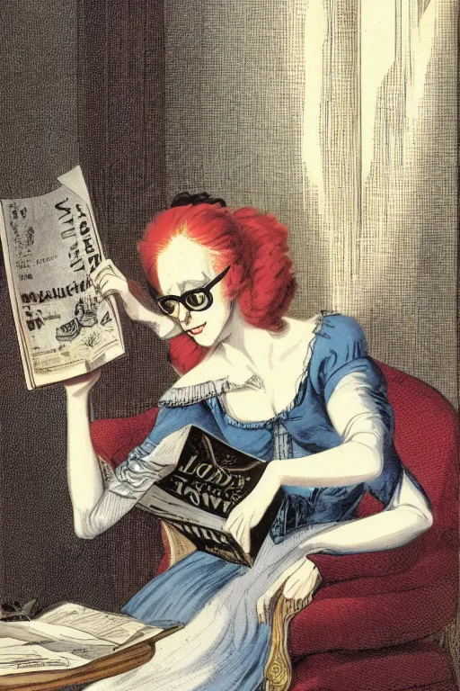 Prompt: a late 1 8 th century vampire woman, skinny, pale skin, with red hair and glasses reading a magazine about bicycles.