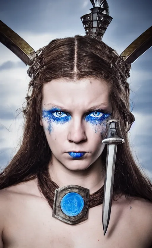 Image similar to photorealistic portrait of female viking warrior with black hair and bloody nose, blue eyes, porcelain skin, shoulders, determined