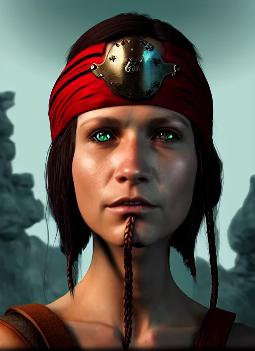 Prompt: A fantasy comic book style portrait painting of a 30 year old female as a pirate wizard with an eye patch in a atmospheric dark fortress, unreal 5, DAZ, hyperrealistic, octane render, RPG portrait, ambient light, dynamic lighting, dark tribal tattoos, eye patch, red head, witch, sorcerer