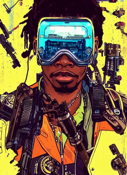 Prompt: chidi igwe. cyberpunk hacker in tactical jumpsuit. portrait illustration, pop art, splash painting, art by geof darrow, ashley wood, alphonse mucha, makoto shinkai ( apex legends )