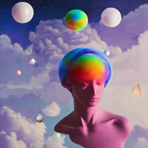 Prompt: surreal gouache painting, clouds, vaporwave marble statue, ruan jia, conrad roset, bubbles, orbs, incredibly detailed, floating molecules and a mannequin artist holding an icosahedron with stars, clouds, and rainbows in the background, retrowave, modular patterned mechanical costume headpiece, masterpiece, intricate, elegant