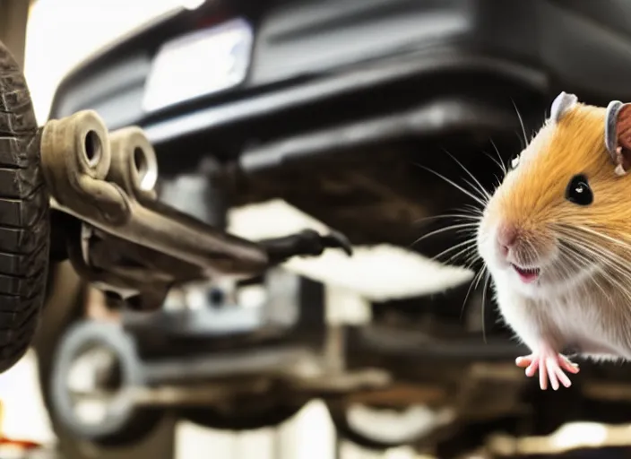 Image similar to film still of a hamster working as a mechanic in an auto shop, 8 k