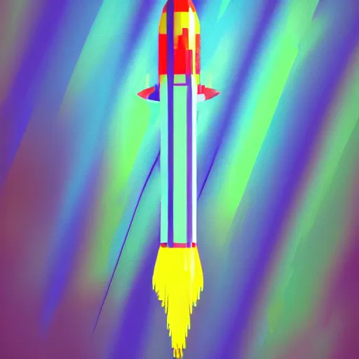 Prompt: A rocketship about to land on an unfamiliar planet, super cool rocket, Acrylic Paint, Concept Art, Digital Art, 16-bit RGB, Global Illumination