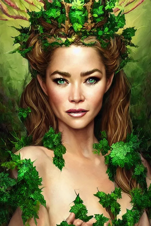 Prompt: portrait of a blend of young denise richards, maria shriver, mariel hemmingway, melania trump and elle macpherson as titania, summer queen. faerie queen. queen of light, green, poison ivy, made by caravaggio stanley artgerm lau wlop rossdraws artstation cgsociety concept art cgsociety octane render