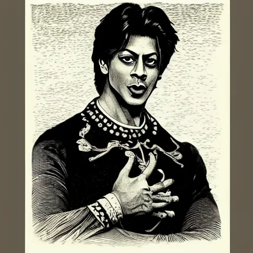 Image similar to A beautiful 19th century wood-engraving of Shah Rukh Khan, by Édouard Riou Jules Férat and Henri de Montaut, highly detailed, fine Art, high detail, masterpiece, illustration, clear eyes, trending on artstation