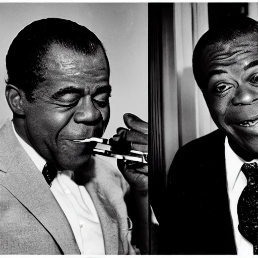 Image similar to richard nixon and louis armstrong smoking marijuana, photography, black and white, 8 k, crisp, highly detailed, high quality, high resolution