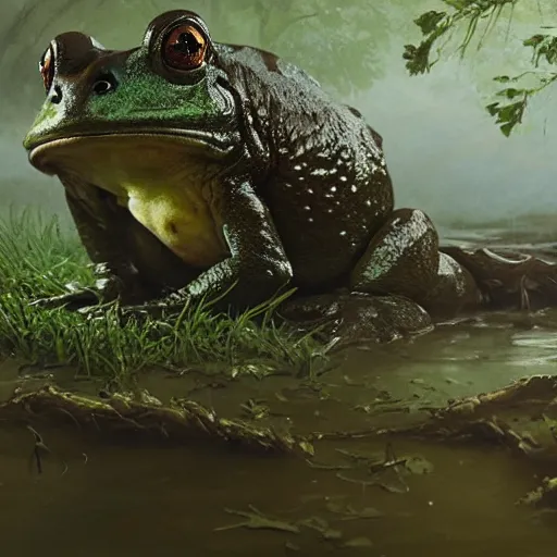 Prompt: giant monster frog in swamp, artwork by greg rutkowski, trending on art station, magic the gathering, 4 k, matte painting