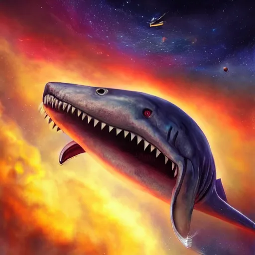 Image similar to megalodon in space , digital art , hyperdetailed , trending on artstation , CGSociety