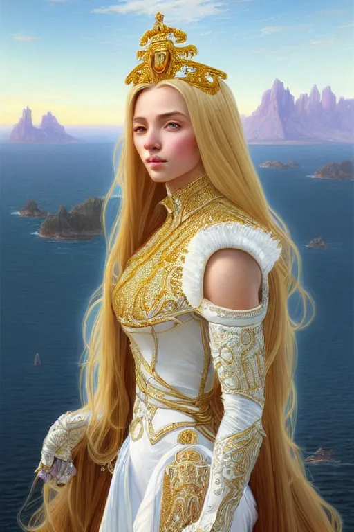 Prompt: portrait of a humanoid princess with long blonde hair, standing next to a beautiful view, ornate white officers outfit with gold embellishments, intricate, elegant, highly detailed, digital painting, artstation, concept art, smooth, sharp focus, illustration, art by artgerm and greg rutkowski and alphonse mucha, 8 k