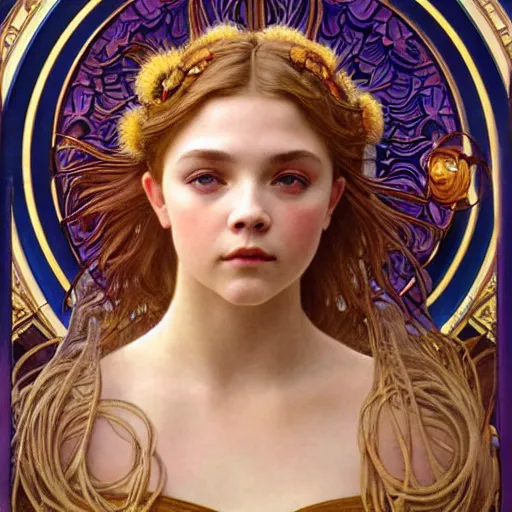 Prompt: detailed portrait art nouveau painting of the goddess of the sun, backlit, who resembles Anya Taylor Joy, Chloe Grace Moretz, and Emma Watson with anxious, piercing eyes, by Alphonse Mucha, Michael Whelan, William Adolphe Bouguereau, John Williams Waterhouse, and Donato Giancola