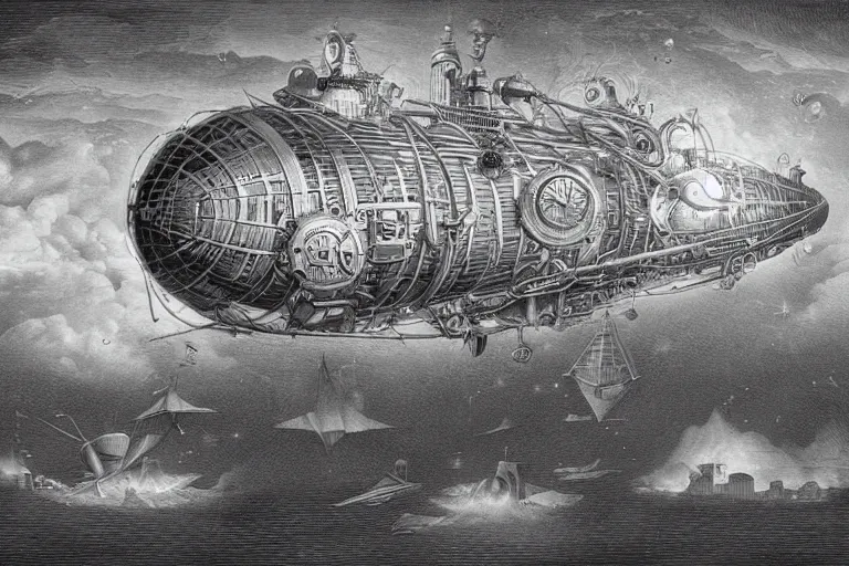 Image similar to a steampunk spelljammer airship by laurie lipton