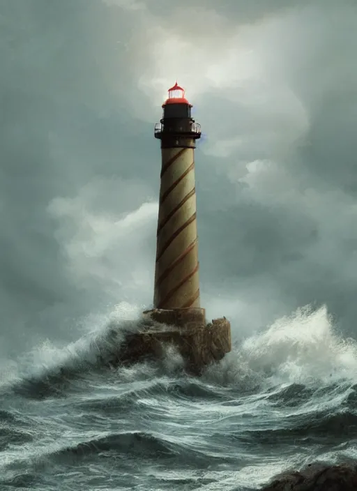 Image similar to portrait, light house on the ocean side in a thunderstorm, high waves, dramatic lighting, cinematic, establishing shot, extremly high detail, photo realistic, cinematic lighting, post processed, concept art, artstation, matte painting, style by eddie mendoza, raphael lacoste, alex ross