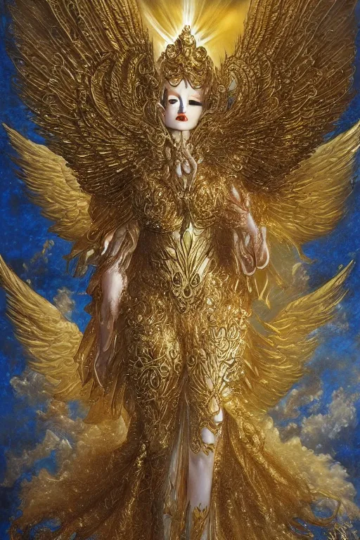 Prompt: golden angel with wings, wearing diamond armor shining light, jewelry pearls, god rays by Karol Bak, Ayami Kojima, Amano