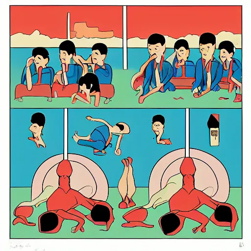 Image similar to exercises of relaxation for the end of the world, in the style of joan cornella, comic, drawing, absurd, higly detailed