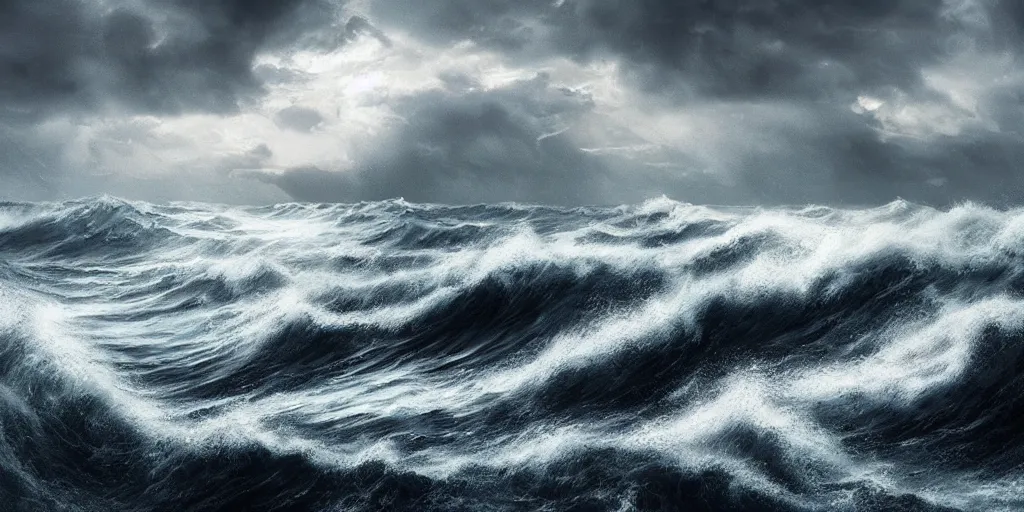 Image similar to detailed waves. dark sea, layers, very detailed super storm, hyper realistic, impressive, very atmospheric, god ray, cinematic, deep, very high complexity, stunning, masterpiece, weather photography, very detailed. 4 k