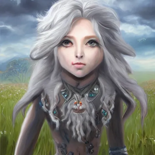 Image similar to a highly detailed painting of a adorable fantasy creature with grey hair in a field concept art