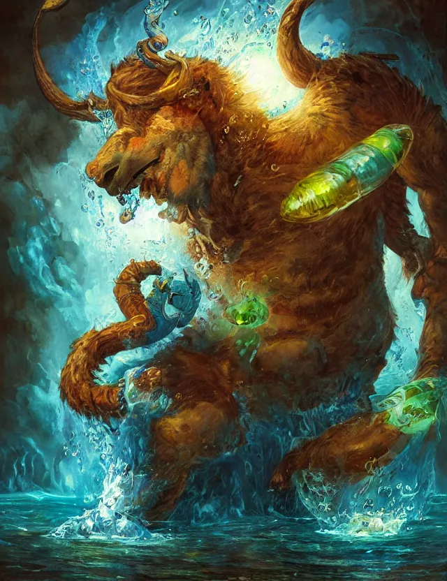 Prompt: beastgod of water and gemstones. this oil painting by the beloved children's book illustrator has interesting color contrasts, plenty of details and impeccable lighting.
