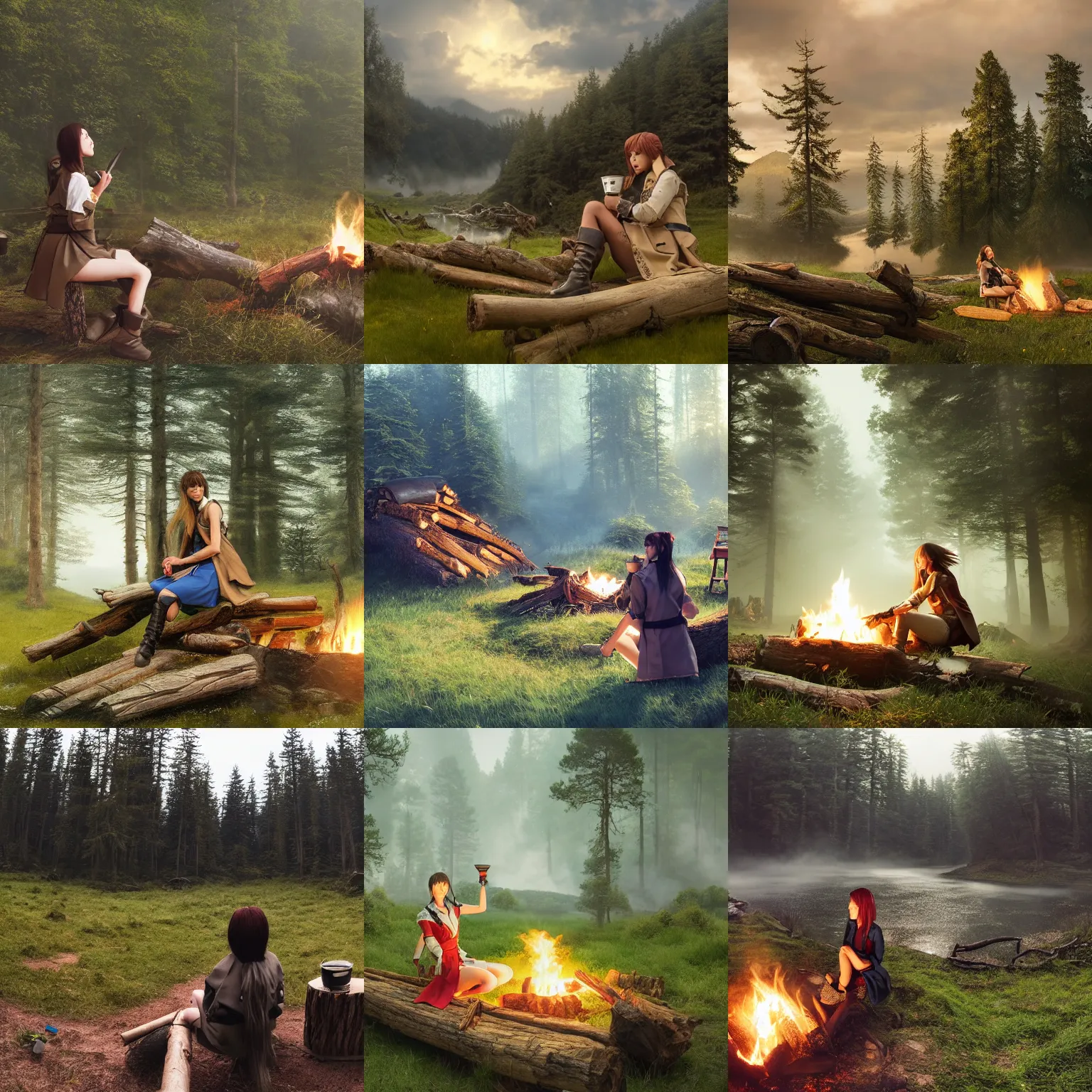 Prompt: Panoramic photograph on a girl from Final Fantasy live action, with short black hair and green eyes in a tan trenchcoat sitting on a log and drinking tea by the campfire by her motorrad at night, ray tracing, large landscape with village, Jakub Rozalski