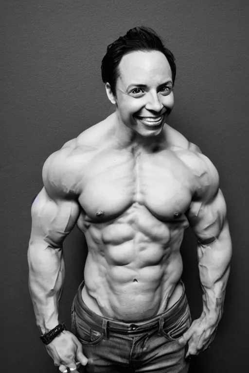 Image similar to Sam Riegel is a jacked muscle builder gigachad, grayscale photography, Critical Role, Smirk