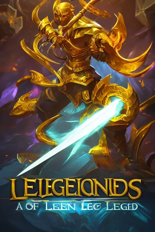 Image similar to a magical golden weapon, d & d, league of legends, concept art, blue background, dramatic lighting. realistic, epic legends, game icon, global illumination, ian pesty