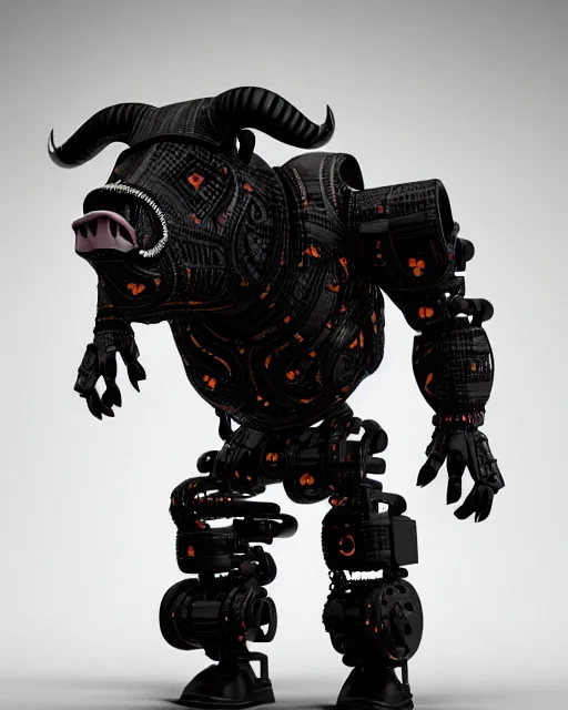 Image similar to a full body shot of an imposing cyborg pig modeled after a bull looking into the camera, contrast lighting, black skin!!!, intricate pattern, hard rubber chest, highly detailed, cyborg, full body shot, intricate, 3 d, symmetrical, octane render, fantasy, highly detailed, digital art, artstation, strong bokeh, black face, leering