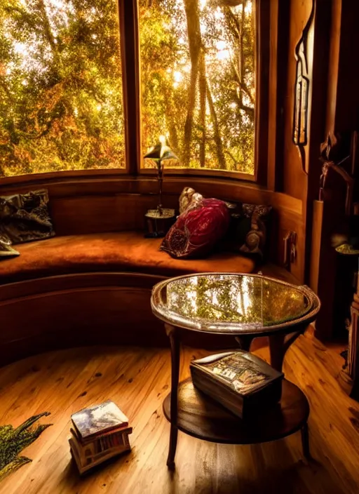 Image similar to an incredibly beautiful scene from a 2 0 2 2 marvel film featuring a cozy art nouveau reading nook in a fantasy treehouse interior. an end table with a lamp. golden hour. 8 k uhd.