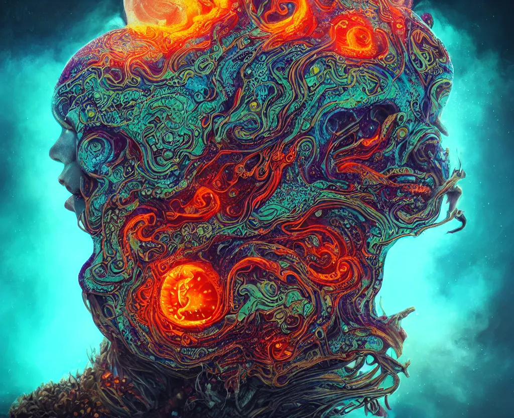 Image similar to psychedelic shaman close-up portrait. amanita muscaria phoenix head, nautilus, insect, skull, ice and fire, bioluminiscent creatures, intricate artwork by Tooth Wu and wlop and beeple. octane render, trending on artstation, greg rutkowski very coherent symmetrical artwork. cinematic, hyper realism, high detail, octane render, 8k