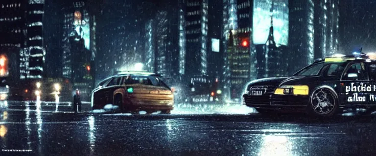 Image similar to Audi A4 B6 Avant (2002) chased by NYPD cop cars, a gritty neo-noir, dramatic lighting, cinematic, establishing shot, extremely high detail, photorealistic, cinematic lighting, artstation, by simon stalenhag, Max Payne (PC) (2001) winter new york at night, eldritch horror