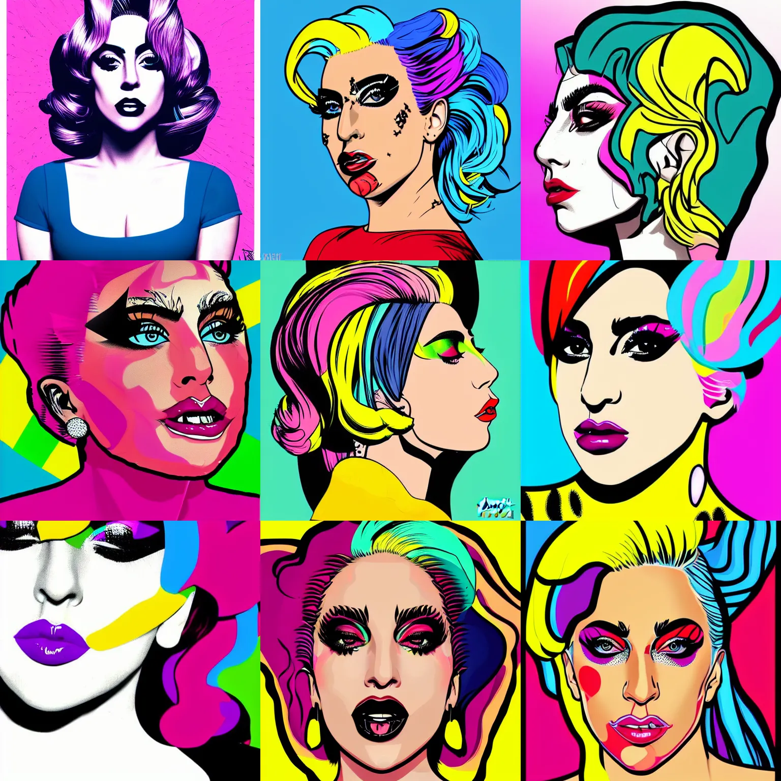 Prompt: portrait pop art comic illustration of Lady Gaga, profile view, bright colors, high detail, angry, sullen