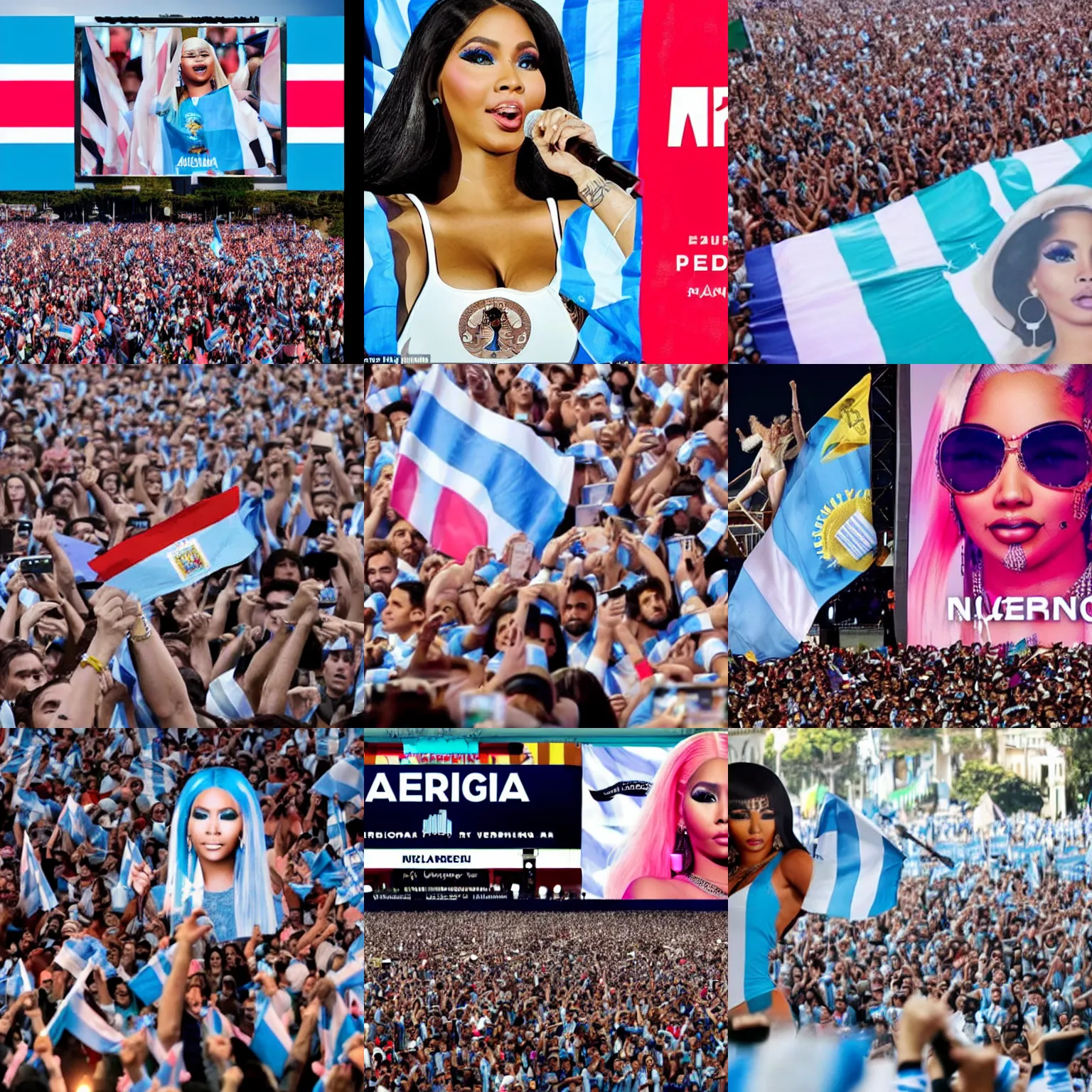 Prompt: Argentina presidential rally advertisement, detailed Nicki Minaj forefront and a blurred Argentine flag waving behind her