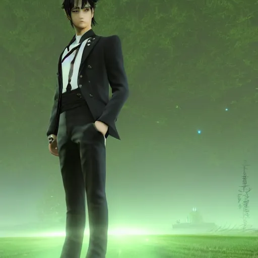 Image similar to a handsome young man in a in a magical field, detailed face, wearing a black suit, piercing gaze, final fantasy cutscene, in the style of Yoshitaka Amano, moonray render, ray tracing —H 640