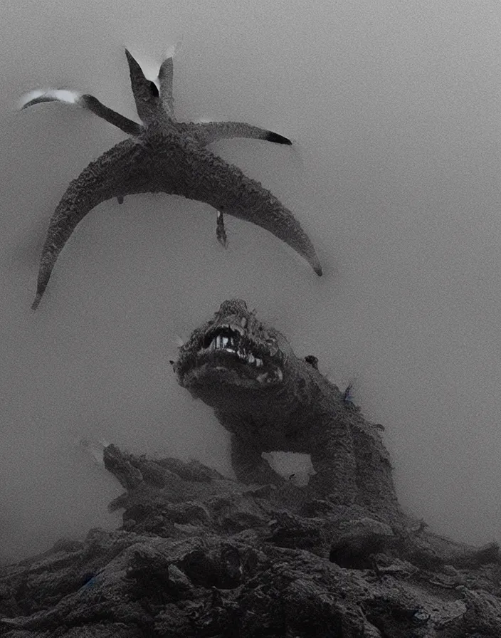 Image similar to very low - resolution found footage of a kaiju starfish - pulgasari - monster, fog, foggy, korean film noir, monochrome, red hue, thriller, underdeveloped, epic, dramatic