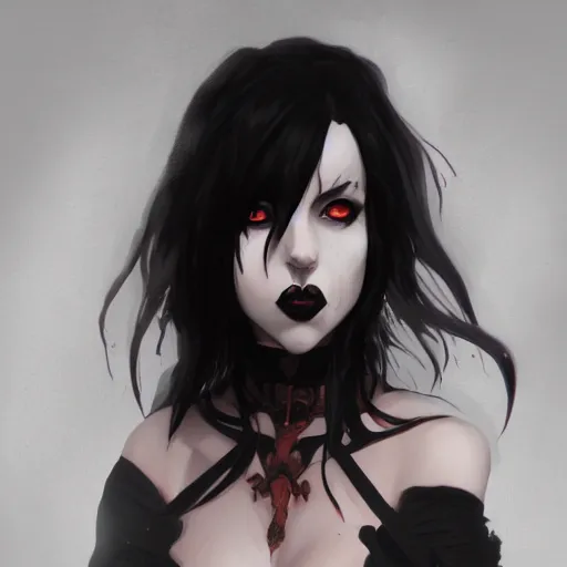 Prompt: female goth human vampire witch in the style of greg rutkowski, makoto shinkai, trending on artstation, character design, concept art, pretty face, highly detailed, portrait digital art