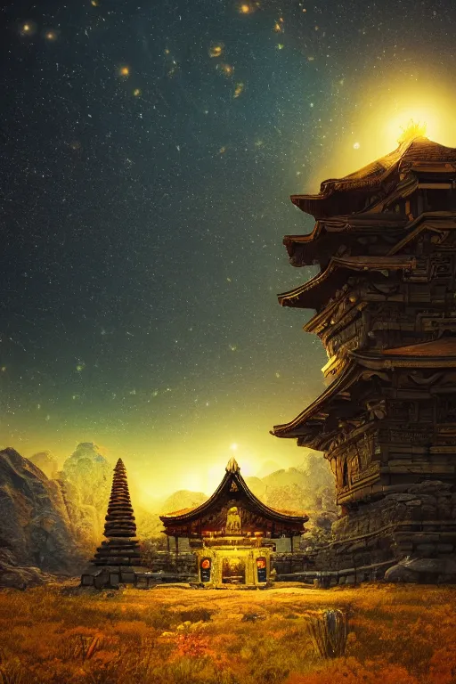 Image similar to yellow glowing ancient temple between mountains, star trails above, dramatic lighting, artstation, matte painting, filip hodas