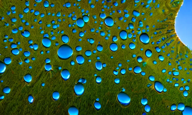 Image similar to beautiful picture of a sunny blue sky with a magical vertical cylindrical tunnel of big upside-down raindrops floating quietly