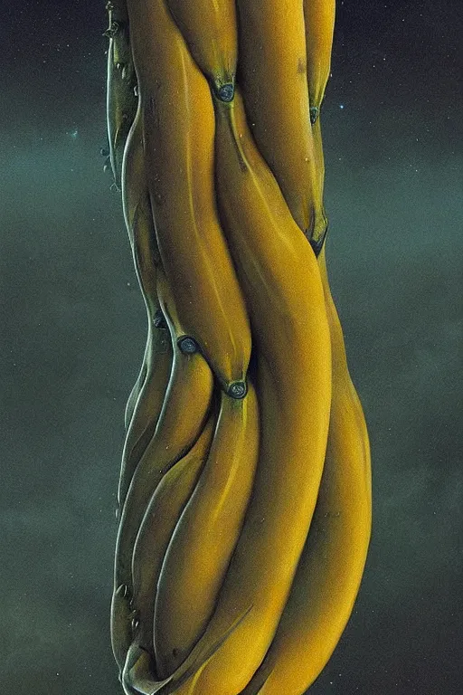 Prompt: cosmic horrors on my giant banana, close up of a banana, by zdzislaw beksinski, by dariusz zawadzki, by wayne barlowe, gothic, surrealism, cosmic horror, lovecraftian, cold hue's, warm tone gradient background, concept art, beautiful composition