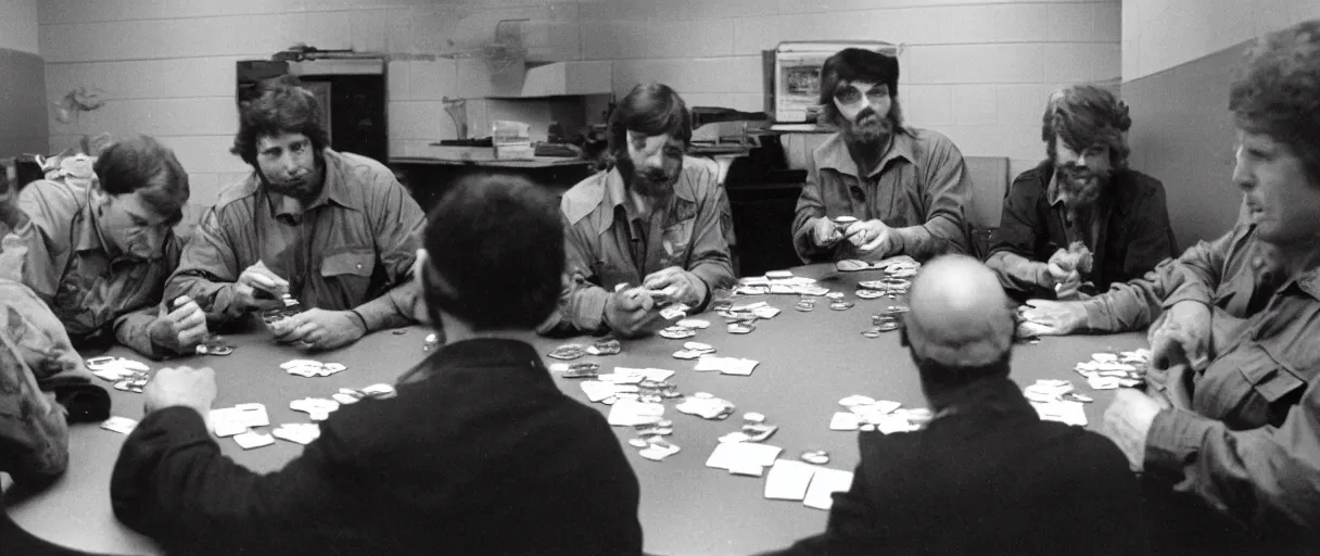 Prompt: a high quality extreme wide establishing shot hd 4 k film 3 5 mm color photograph of a group of grizzled caucasian male civilian military contractors sitting at a square table playing cards in a dimly lit breakroom smoking ciggarettes in 1 9 8 2