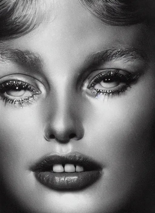 Image similar to hyper realistic and detailed closeup vintage photo of a female supermodel with beautiful shiny eyes black background lit from the side by annie leibovitz