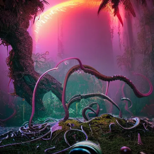 Prompt: soft painting render curiosities skulls tentacles eyeballs reflection refraction world synthwave ruins ponds alien vegetation, accurate features, focus, very intricate ultrafine details, rainbow lighting, dense fog, award winning masterpiece, octane render 8 k hd, dark fantasy