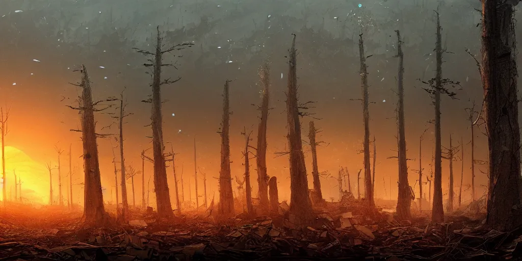 Prompt: panoramic photo of a robot walking through a post apocalyptic forest, sunset, lonely, 4 k, concept art