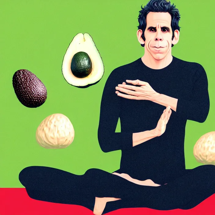Image similar to ultra realistic illustration of ben stiller in the lotus position meditating with closed eyes, balancing stack of avocado on his head
