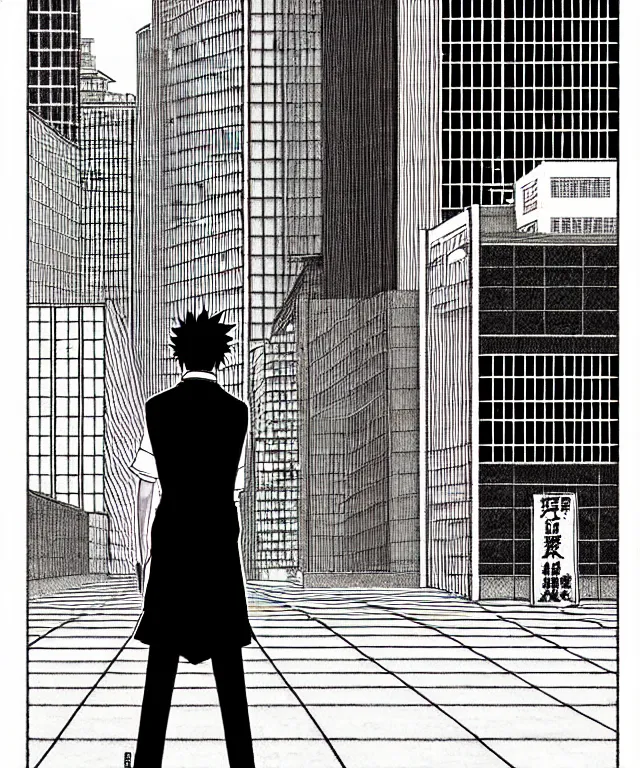 Image similar to A anime about a short-haired office solo worker standing on the sidewalk. Sharp high quality anime cover, fine details, straight lines, perfect faces, architecture in the background, masterpiece, shadows, art, highly detailed drawing by Hirohiko Araki, Akatsuki Akira, Kentaro Miura