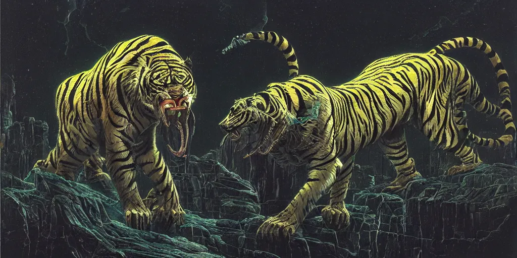 Image similar to cybernetic sabretooth tiger, metallic, made of neon light, volumetric lighting, by caspar david friedrich and wayne barlowe and ted nasmith