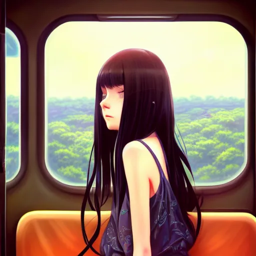 Image similar to a beautiful girl with long dark hair, sitting alone inside of a train, sharp focus, intricate, digital painting, artstation, official media, anime key visual, highly detailed, rich vivid colors, ambient lighting, illustration, art by Artgerm, Makoto Shinkai, Ilya Kuvshinov, Lois Van Baarle, and Rossdraws