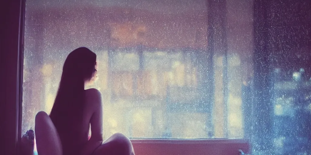 Image similar to beautiful over the shoulder photograph of a woman with dark-blue hair sitting in a bedroom next to a window on a rainy night, outside are neon lights from a busy city, award winning photo, artstation, atmospheric, high detail 1024