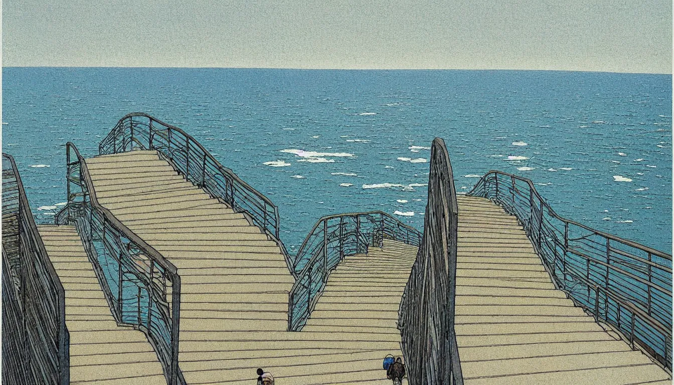 Image similar to walking down the stairs to the ocean, moebius