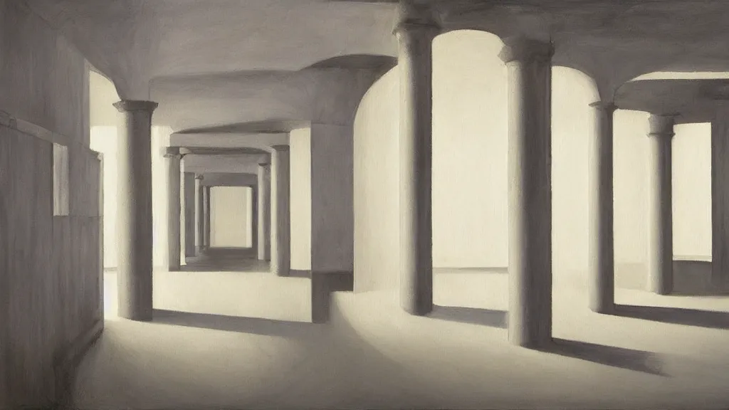 Prompt: minimalist industrial interior hallway with monolithic pillars in the style of ridley scott and stanley kubrick, realistic detailed painting by edward hopper