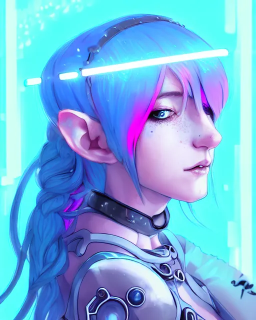 Image similar to art championship winner trending on artstation portrait of a goddess elven mecha warrior princess, head and shoulders, blue hair, matte print, pastel pink neon, cinematic highlights, lighting, digital art, cute freckles, digital painting, fan art, elegant, pixiv, by Ilya Kuvshinov, daily deviation, IAMAG, illustration collection aaaa updated watched premiere edition commission ✨✨✨ whilst watching fabulous artwork \ exactly your latest completed artwork discusses upon featured announces recommend achievement