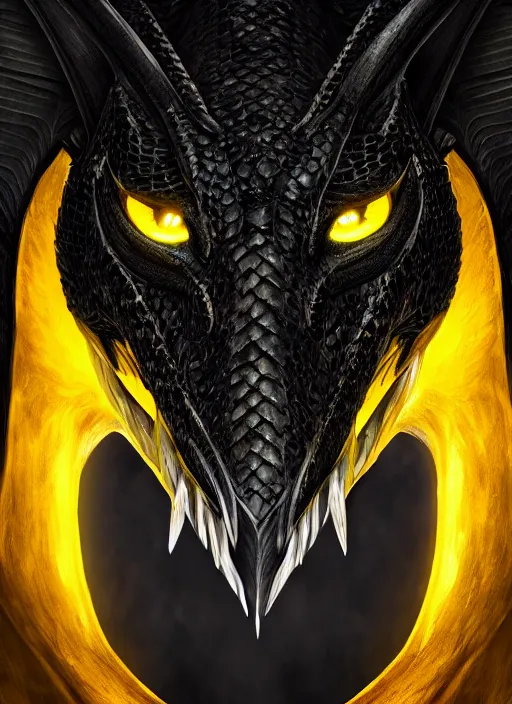 Image similar to closeup portrait of black dragon head with yellow eyes, ultra realistic, fantasy, magic, dnd,