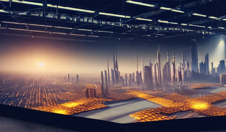 Image similar to large group of people in simple warehouse, looking at hologram of futuristic city on a table, cinematic concept art, godrays, golden hour, natural sunlight, 4 k, clear details, tabletop model buildings, center model buildings, hologram center, crane shot, crane shot, crane shot